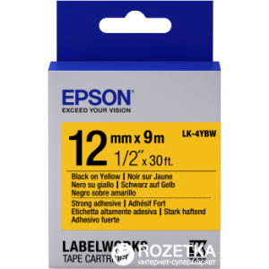 Картридж зі стрічкою Epson LabelWorks LK4YBW9 Strong Adhesive 12 мм 9 м Black/Yellow (C53S654014) краща модель в Одесі