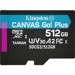 Kingston MicroSDXC 512 ГБ Canvas Go! Plus Class 10 UHS-I U3 V30 A2 (SDCG3/512GBSP) краща модель в Одесі