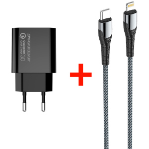 Мережевий зарядний пристрій СolorWay Power Delivery USB Type-C (20W) V2 + Кабель Type-C-Apple Lightning (PD 30W) 3.0А 1 м (CW-CHS026PD-BK/CBPDCL033-GR) в Одесі