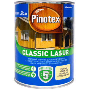Лазурь Pinotex Classic Lasur - матовая алкидная пропитка для дерева, лазурная, с декоративным эффектом, бесцветная, BC, 1 л (5301488)