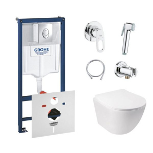 Комплект инсталляция Grohe Rapid SL 38721001 + унитаз с сиденьем Qtap Jay QT07335176W + набор для гигиенического душа со смесителем Grohe BauLoop 111042 в Одессе