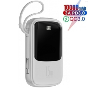 Павербанк Baseus 15W Q Pow Display Fast Charge 10000mAh + кабель Type-C для/iPad/Samsung/Xiaomi/Huawei/iPhone white ТОП в Одессе