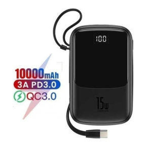 Павербанк Baseus 15W Q Pow Display Fast Charge 10000mAh + кабель Type-C для/iPad/Samsung/Xiaomi/Huawei/iPhone black надежный