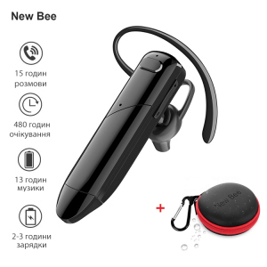 Гарнітура Bluetooth навушник вкладиш блютуз 5.0 з висувним мікрофоном New Bee B42С Black + кейс-чохол надійний