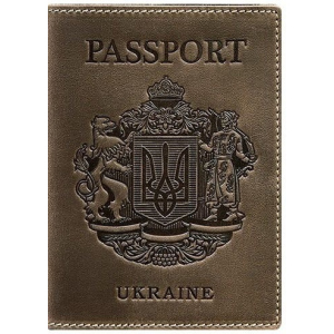 Новый Обложка для паспорта кожаная с украинским гербом BlankNote BN-OP-UA-o Темно-коричневая ТОП в Одессе