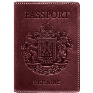 Обкладинка для паспорта шкіряна з українським гербом BN-OP-UA-vin Бордова краща модель в Одесі