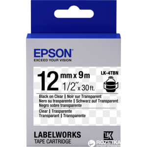 Картридж с лентой Epson LabelWorks LK4TBN 12 мм / 9 м Black/Clear (C53S654012) лучшая модель в Одессе