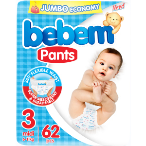 Подгузники-трусики Bebem Jumbo 3 midi 6-11 кг 62 шт (6224009614882) надежный