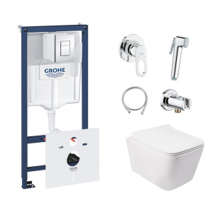 Комплект інсталяція Grohe Rapid SL 38827000 + унітаз з сидінням Qtap Crow QT05335170W + набір для гігієнічного душу зі змішувачем Grohe BauLoop 111042 (38827000QT05335170W111042) ТОП в Одессе