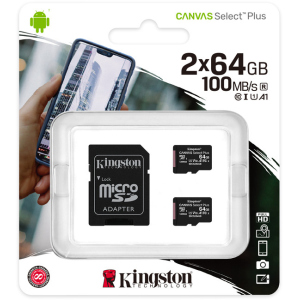 Kingston microSDXC 2х64GB Canvas Select Plus Class 10 UHS-I U1 V10 A1 + SD-адаптер (SDCS2/64GB-2P1A)