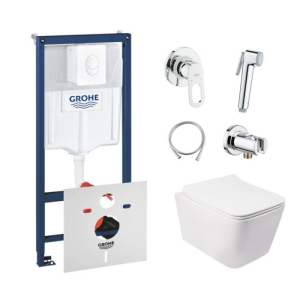 Комплект інсталяція Grohe Rapid SL 38722001 + унітаз з сидінням Qtap Crow QT05335170W + набір для гігієнічного душу із змішувачем Grohe BauLoop 111042