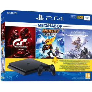 Ігрова приставка PlayStation 4 1ТБ Black у комплекті з 3 іграми та підпискою PS Plus (Ratchet &amp; Clank + Horizon Zero Dawn + Gran Turismo Sport + PS Plus 3 місяці) в Одесі