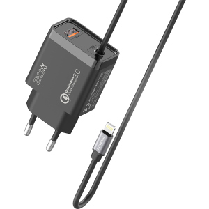 Сетевое зарядное устройство Promate iCharge-PDQC3 20Вт PD Lightning connector+USB QC3.0 Black (icharge-pdqc3.black)