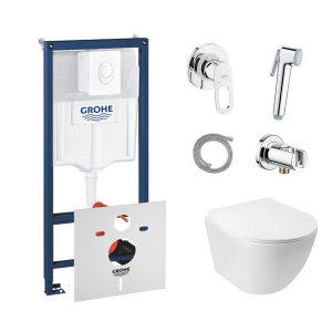 Комплект инсталляция Grohe Rapid SL 38722001 + унитаз с сиденьем Qtap Jay QT07335176W + набор для гигиенического душа со смесителем Grohe BauLoop 111042 лучшая модель в Одессе