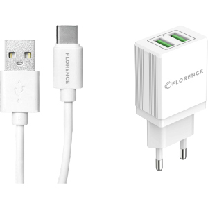 Сетевое зарядное устройство Florence 2USB 2A + Type-C Cable White (FL-1021-WT) лучшая модель в Одессе