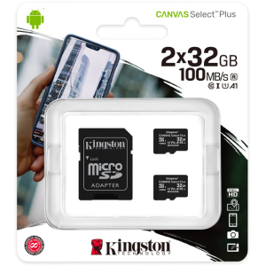 Kingston microSDHC 2х32GB Canvas Select Plus Class 10 UHS-I U1 V10 A1 + SD-адаптер (SDCS2/32GB-2P1A) в Одесі